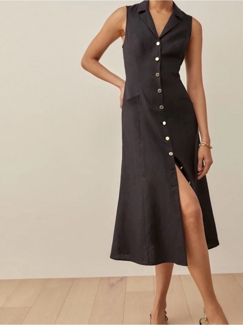 Reformation Greene Dress Black Linen Sleeveless Button-Front Midi Dress